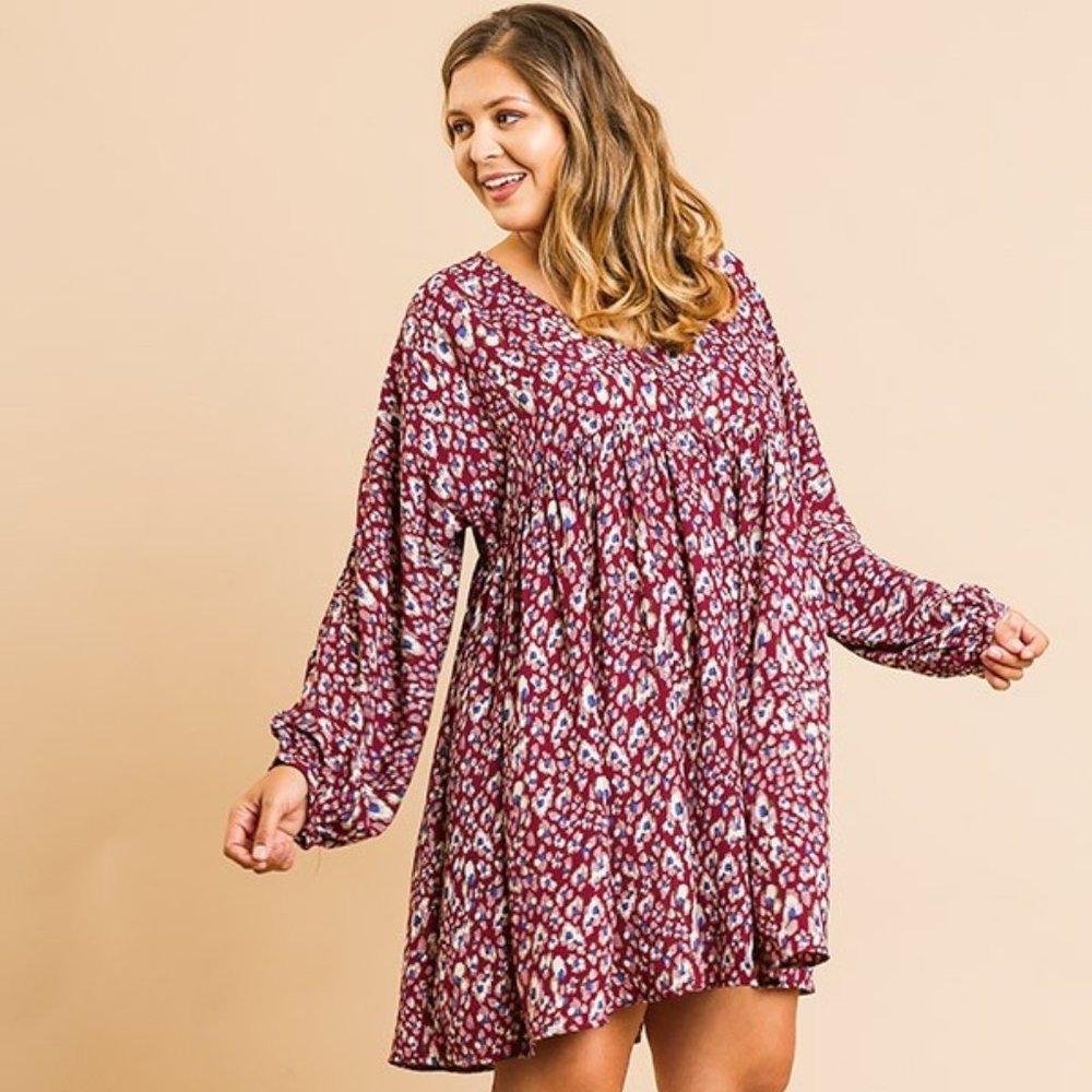 Umgee Burgundy Floral Print Long Sleeve Mini Dress